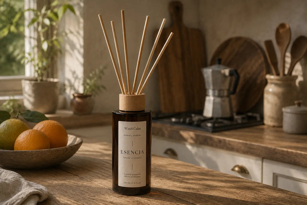 Ambientador mikado Ámbar Azafrán en ambiente cálido – difusor aroma ámbar oriental Wax&Calm